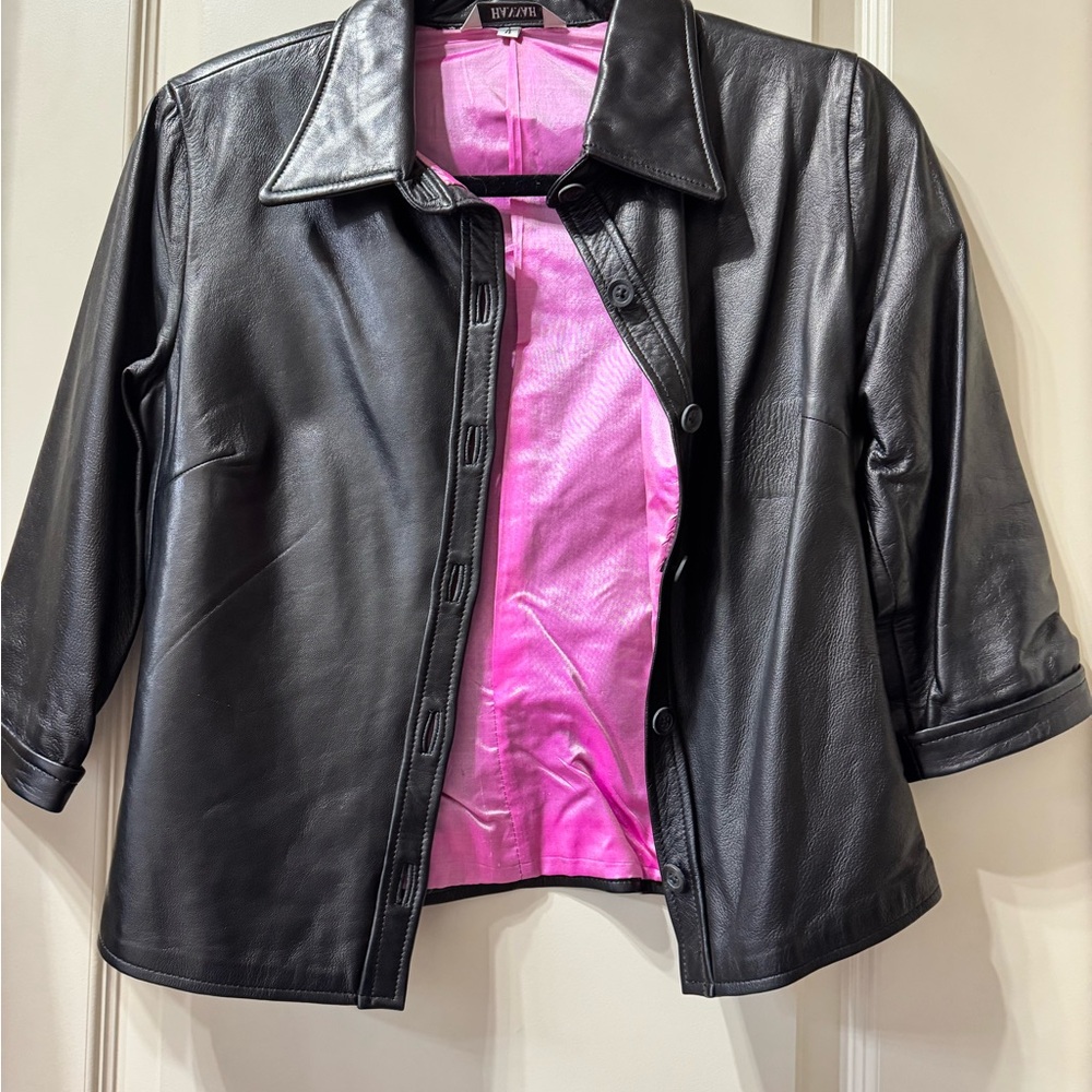 Black 3/4 Sleeve Hannah Leather Jacket with Pink Lining